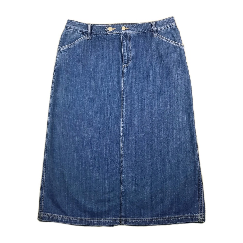 VTG Eddie Bauer Denim Skirt Womens 14 Petite Midi Jean Western Boho Y2K 90s